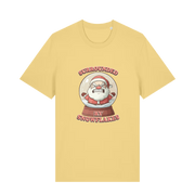 yellow christmas t-shirt with the graphic of a santa inside a snowglobe and the slogan 'surrounded by snowflakes'