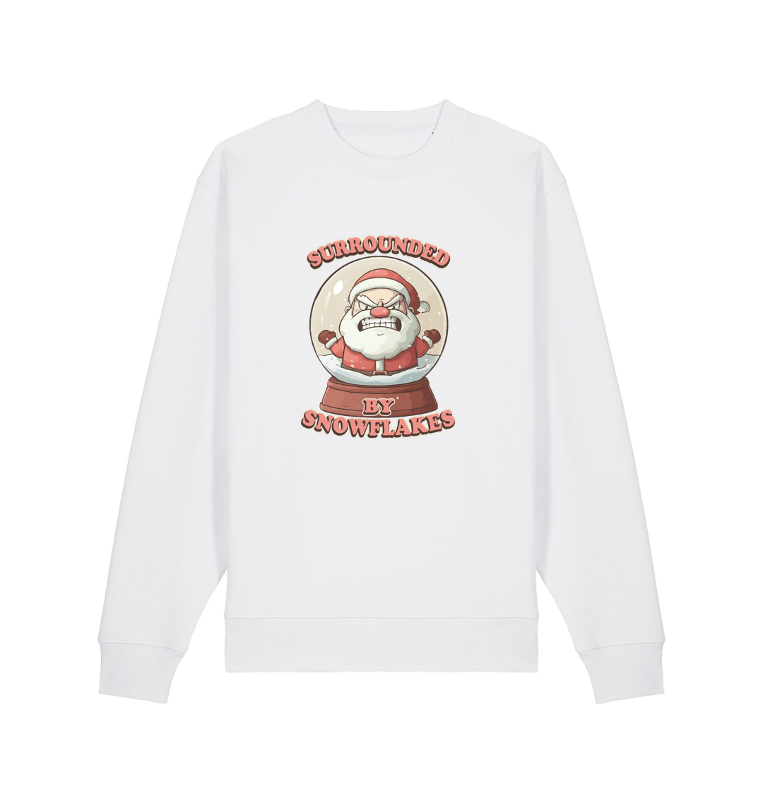 white christmas sweater with the graphic of santa in a snowglobe and the slogan 'surrounded by snowflakes'