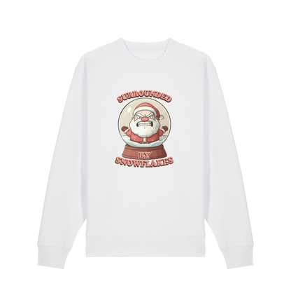 white christmas sweater with the graphic of santa in a snowglobe and the slogan 'surrounded by snowflakes'