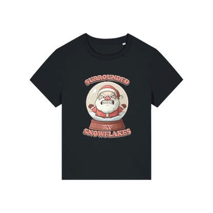 black funny christmas t-shirt with a graphic of santa in a snowglobe and the slogan 'surrounded by snowflakes'