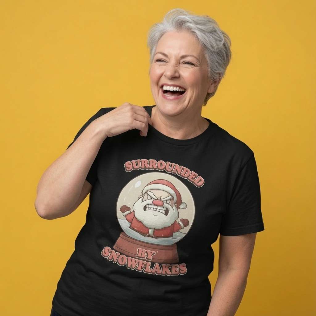 Woman laughing with one hand near her collar while wearing a black Surrounded By Snowflakes t-shirt, ladies alternative xmas party banter design full of pure attitude
