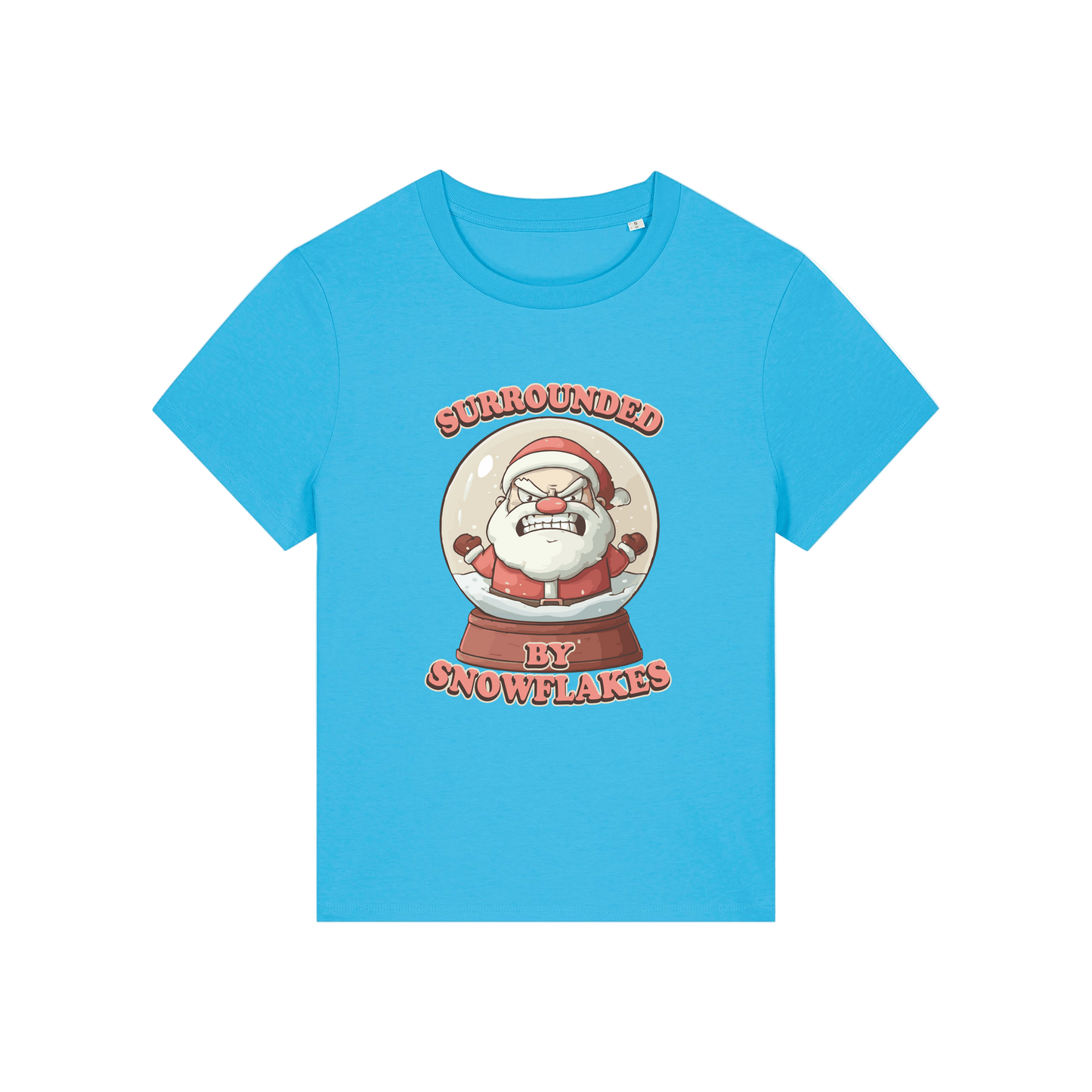 blue funny christmas t-shirt with a graphic of santa in a snowglobe and the slogan 'surrounded by snowflakes'