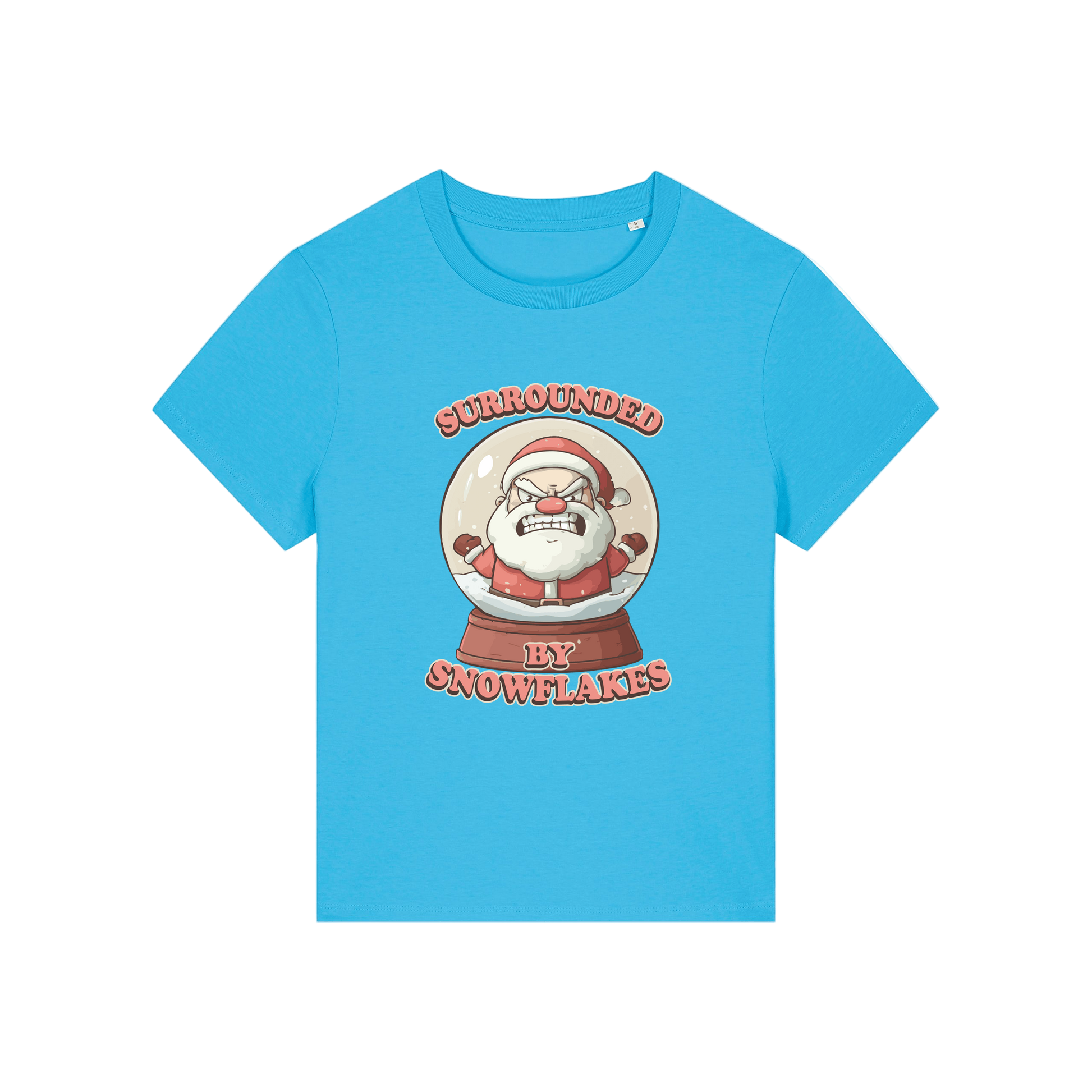 blue funny christmas t-shirt with a graphic of santa in a snowglobe and the slogan 'surrounded by snowflakes'