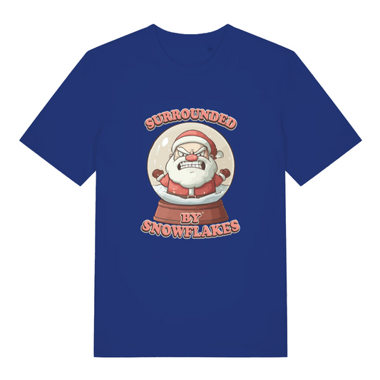 blue women's funny graphic christmas t-shirt with the graphic of santa inside a snow globe and the slogan 'surrounded by snowflakes'