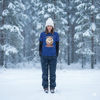 Person wearing a blue sweatshirt with a logo in a snowy forest