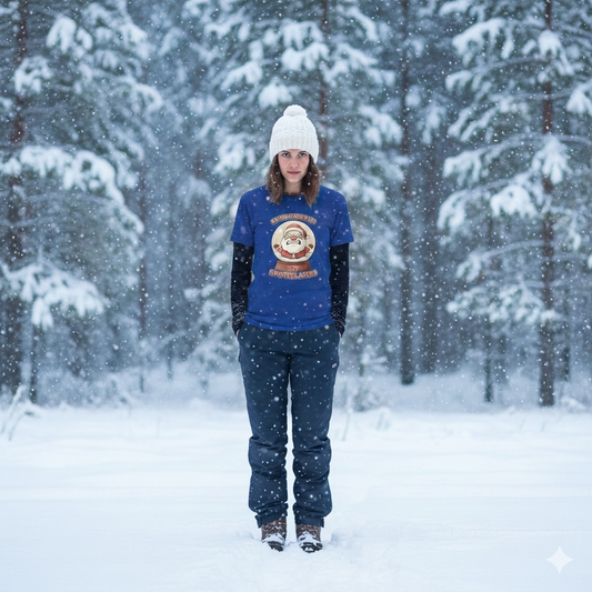 Person wearing a blue sweatshirt with a logo in a snowy forest