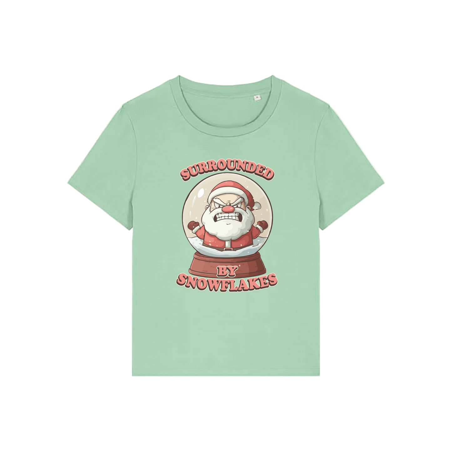 green funny christmas t-shirt with a graphic of santa in a snowglobe and the slogan 'surrounded by snowflakes'