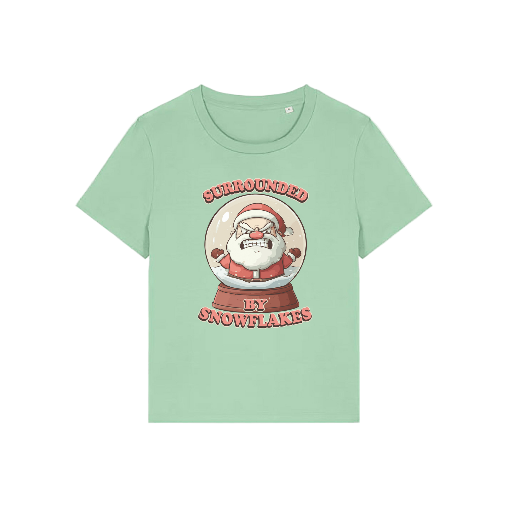 green funny christmas t-shirt with a graphic of santa in a snowglobe and the slogan 'surrounded by snowflakes'
