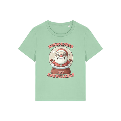 green funny christmas t-shirt with a graphic of santa in a snowglobe and the slogan 'surrounded by snowflakes'