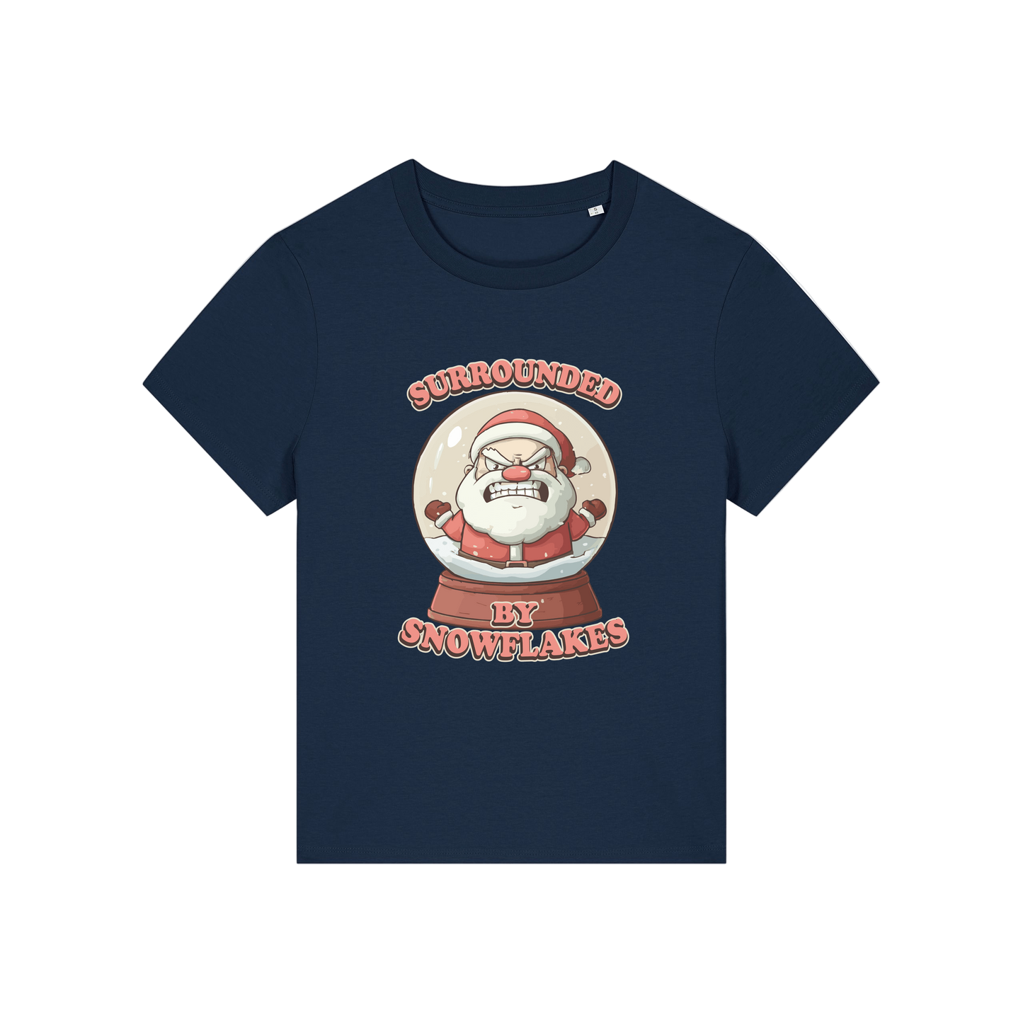 navy funny christmas t-shirt with a graphic of santa in a snowglobe and the slogan 'surrounded by snowflakes'