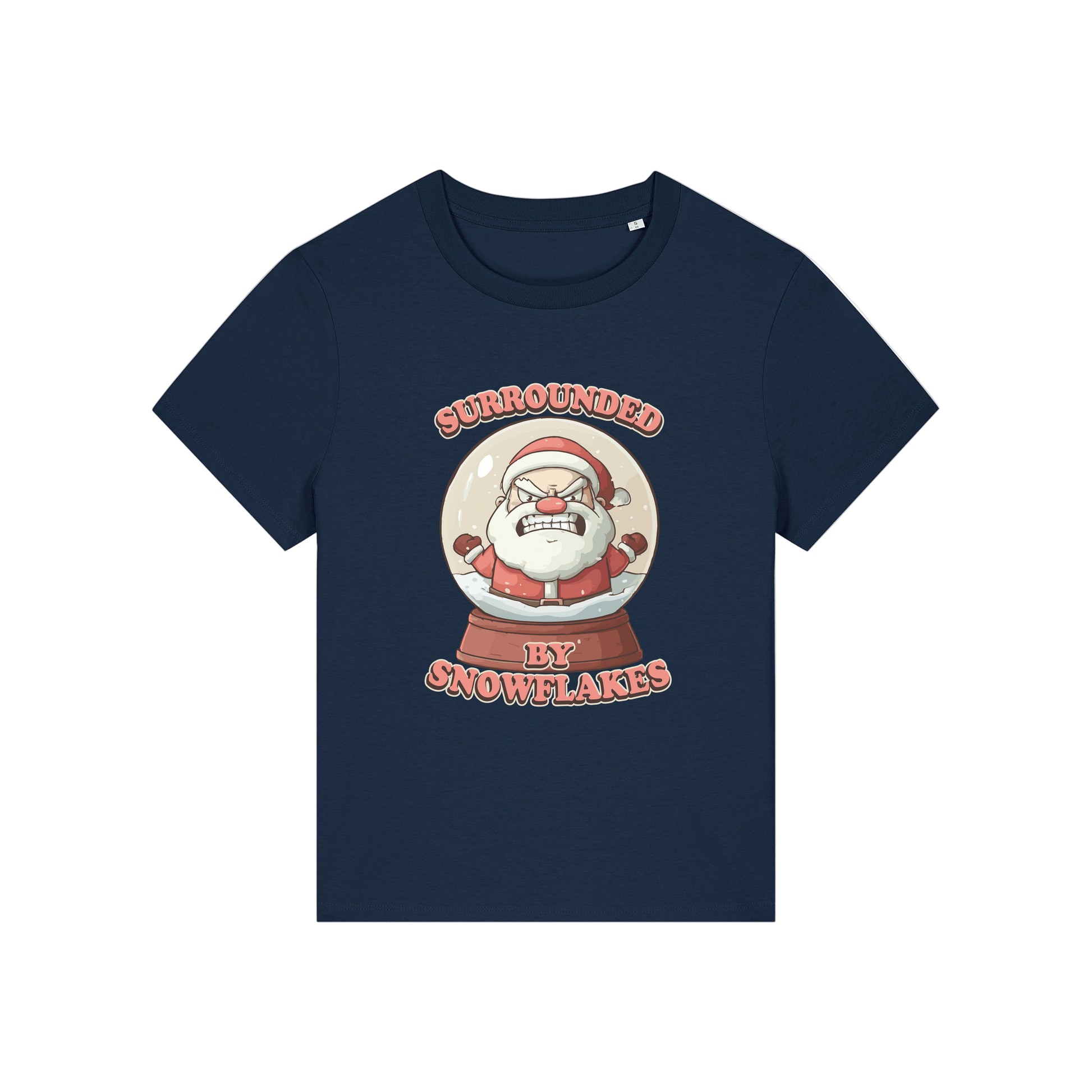 navy funny christmas t-shirt with a graphic of santa in a snowglobe and the slogan 'surrounded by snowflakes'