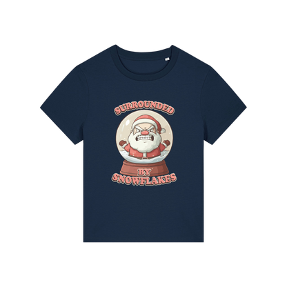 navy funny christmas t-shirt with a graphic of santa in a snowglobe and the slogan 'surrounded by snowflakes'