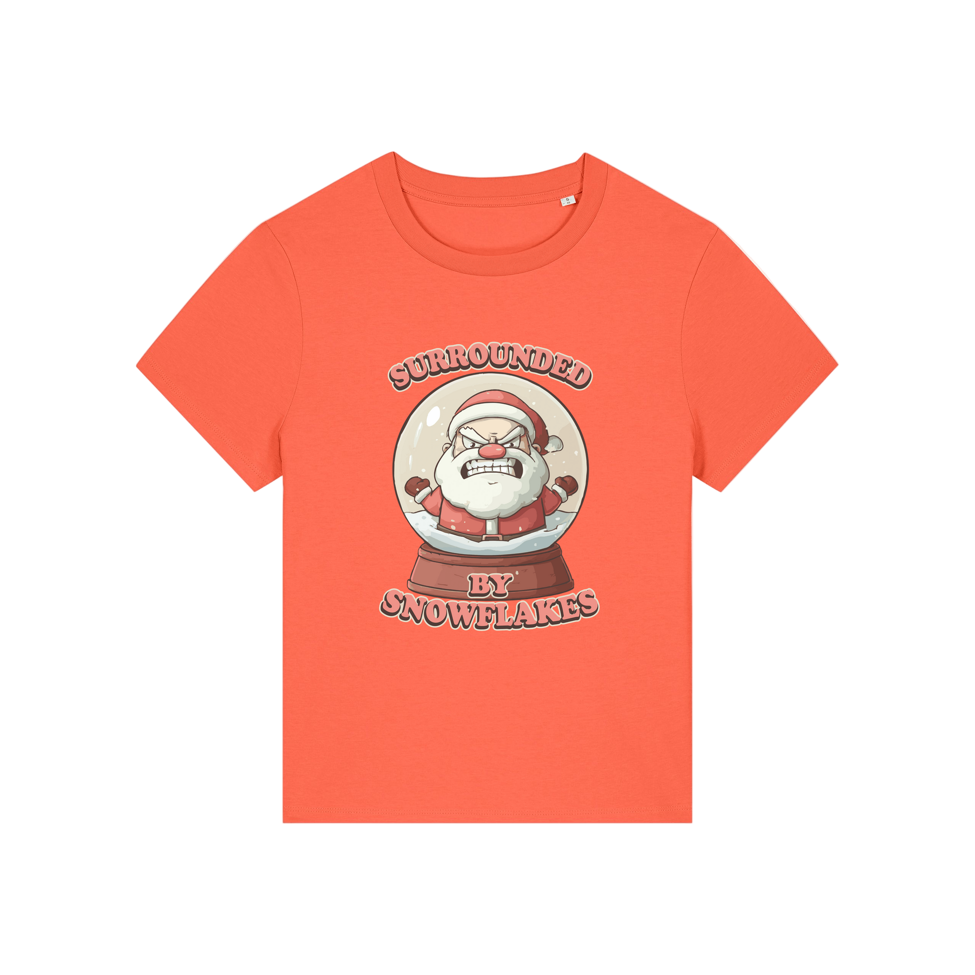 orange funny christmas t-shirt with a graphic of santa in a snowglobe and the slogan 'surrounded by snowflakes'