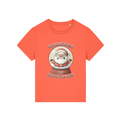 orange funny christmas t-shirt with a graphic of santa in a snowglobe and the slogan 'surrounded by snowflakes'