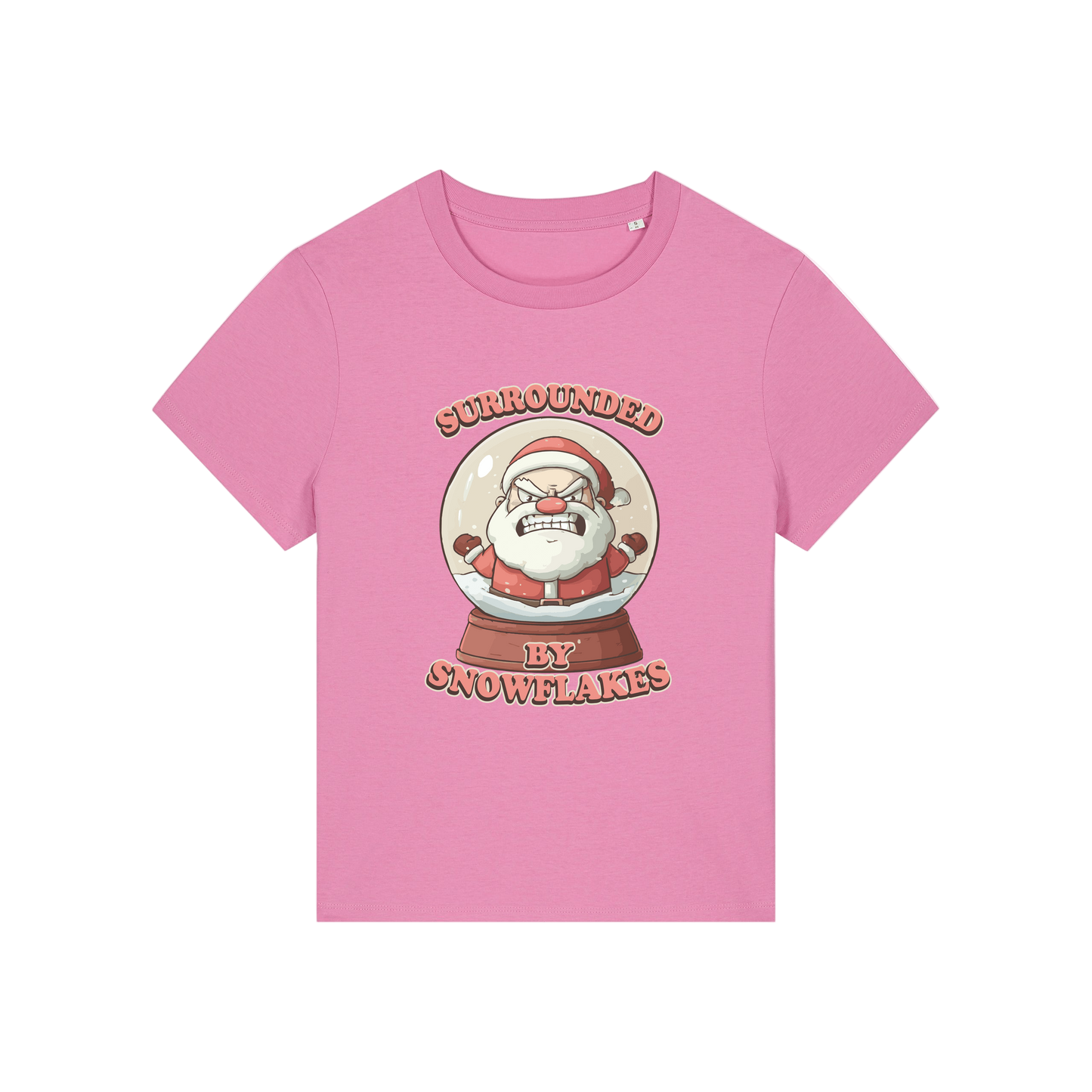 pink funny christmas t-shirt with a graphic of santa in a snowglobe and the slogan 'surrounded by snowflakes'