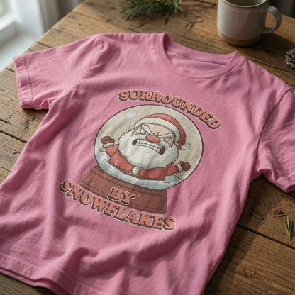 Pink Surrounded By Snowflakes t-shirt laid flat on a wooden surface showing the full angry Santa snow globe graphic, funny ladies santa banter graphic design full of pure attitude