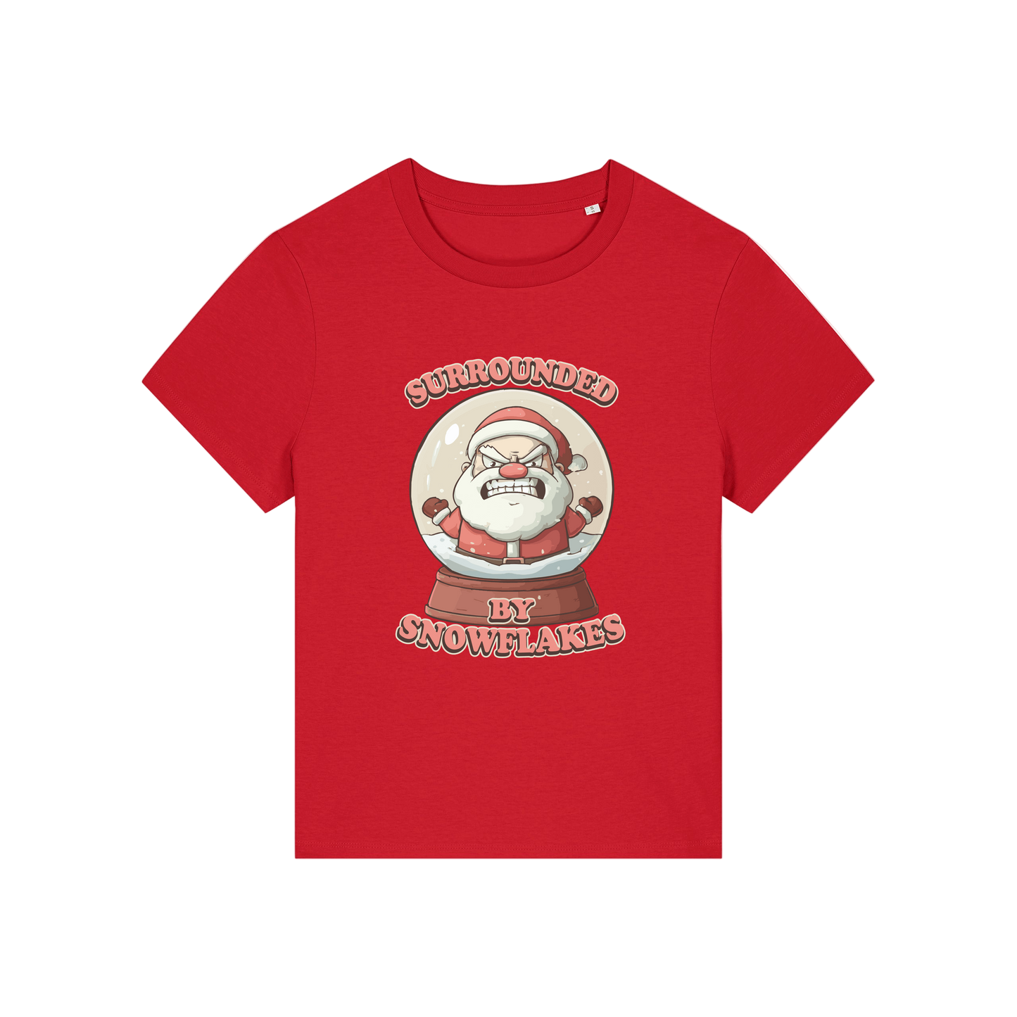 red funny christmas t-shirt with a graphic of santa in a snowglobe and the slogan 'surrounded by snowflakes'
