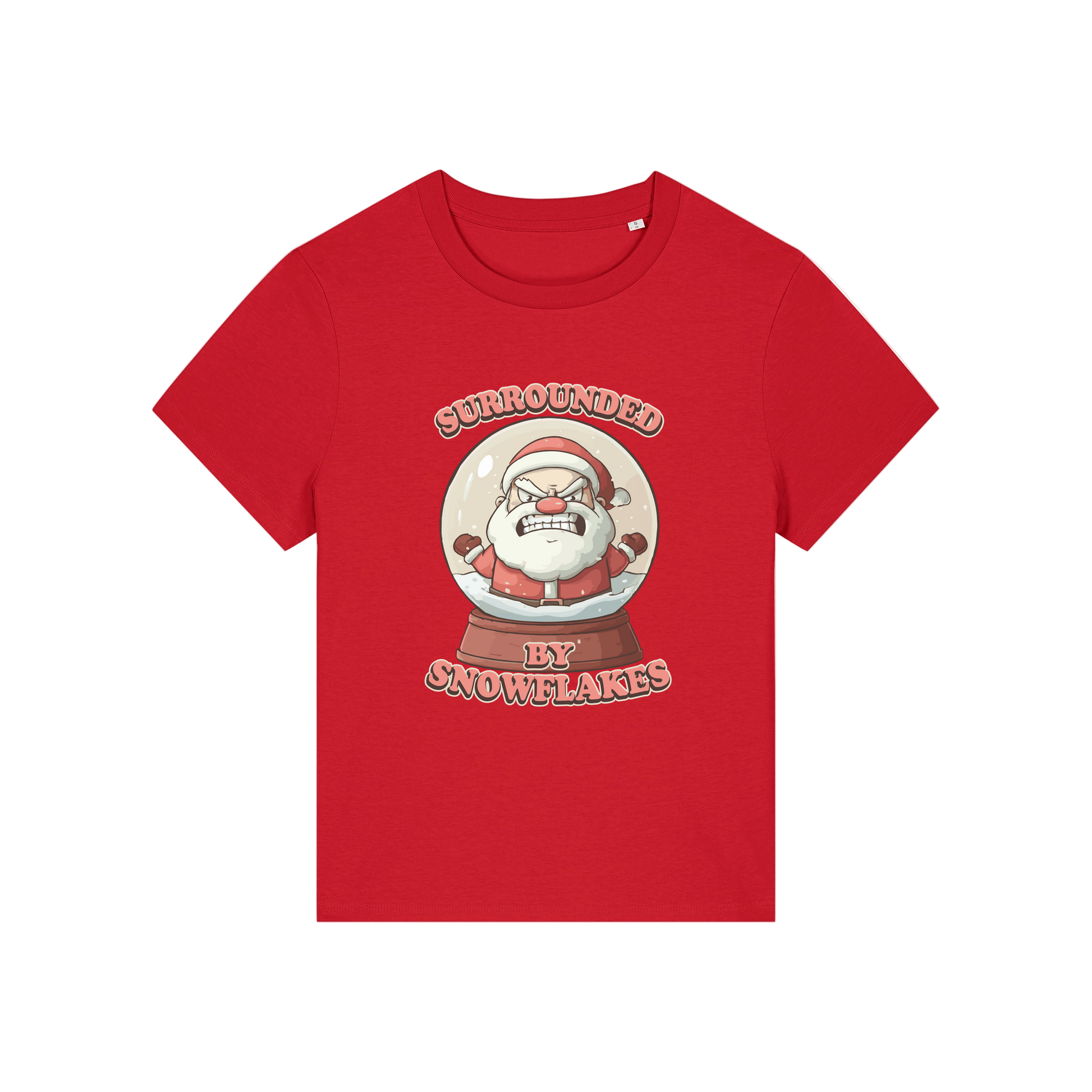 red funny christmas t-shirt with a graphic of santa in a snowglobe and the slogan 'surrounded by snowflakes'