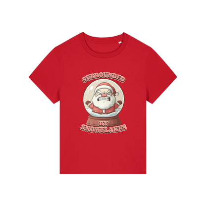 red funny christmas t-shirt with a graphic of santa in a snowglobe and the slogan 'surrounded by snowflakes'