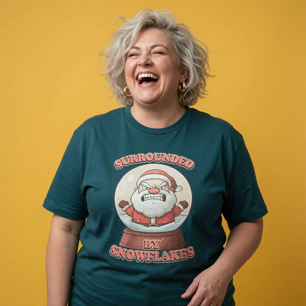 Woman laughing while wearing a stargazer Surrounded By Snowflakes t-shirt, funny ladies offensive festive banter design that every no-nonsense lady will claim
