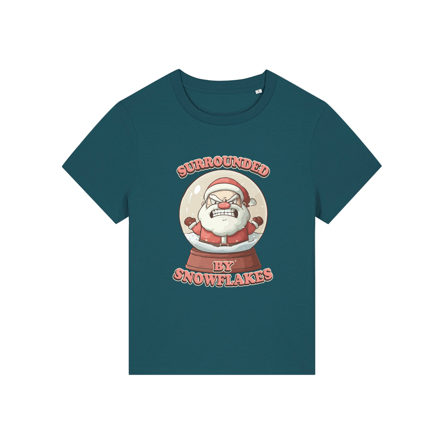 teal funny christmas t-shirt with a graphic of santa in a snowglobe and the slogan 'surrounded by snowflakes'