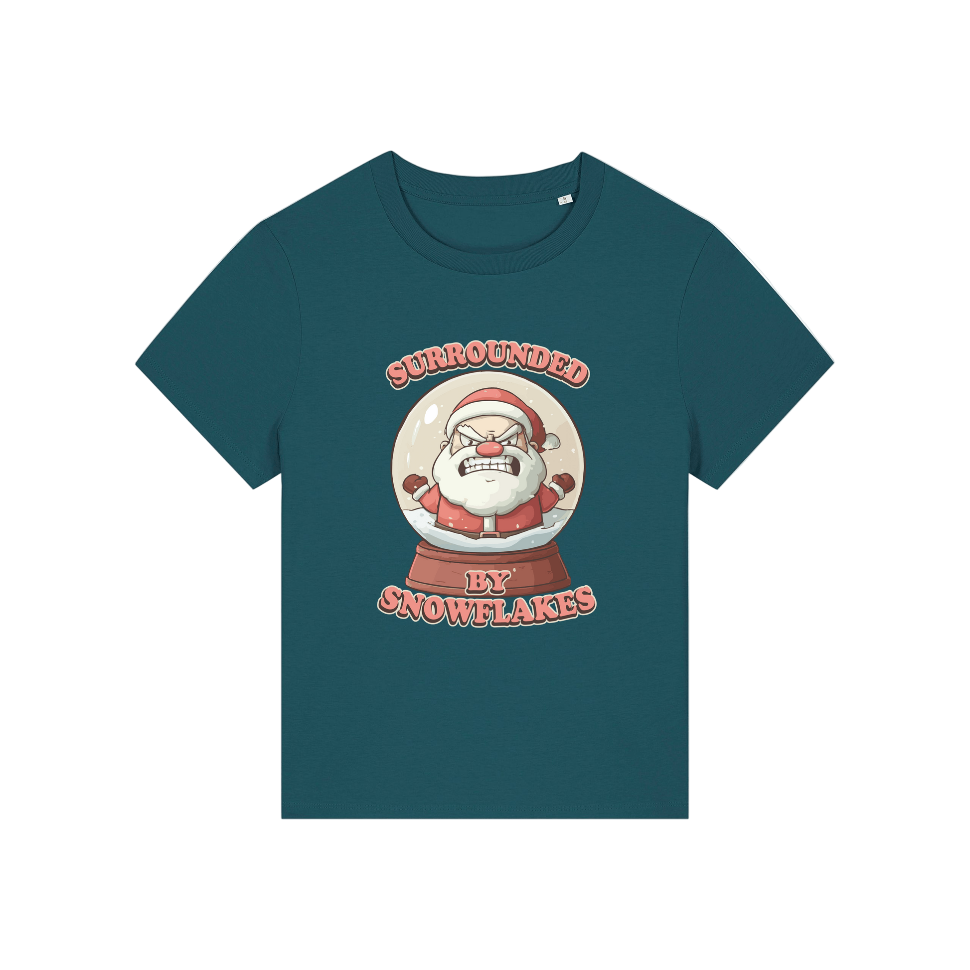 teal funny christmas t-shirt with a graphic of santa in a snowglobe and the slogan 'surrounded by snowflakes'