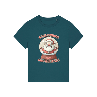 teal funny christmas t-shirt with a graphic of santa in a snowglobe and the slogan 'surrounded by snowflakes'
