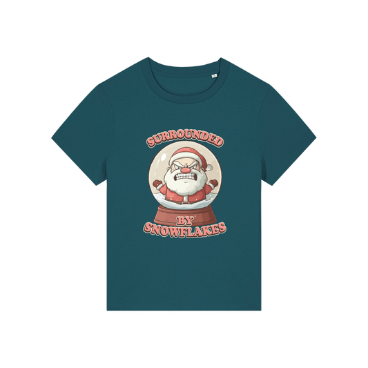 teal funny christmas t-shirt with a graphic of santa in a snowglobe and the slogan 'surrounded by snowflakes'