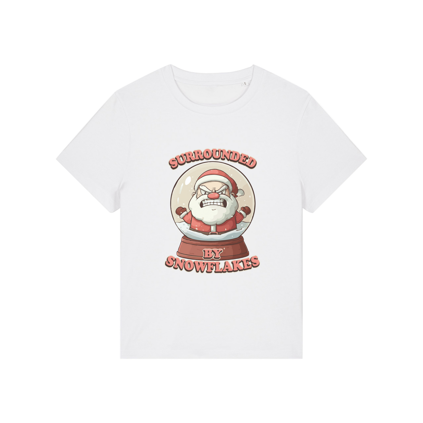 white funny christmas t-shirt with a graphic of santa in a snowglobe and the slogan 'surrounded by snowflakes'