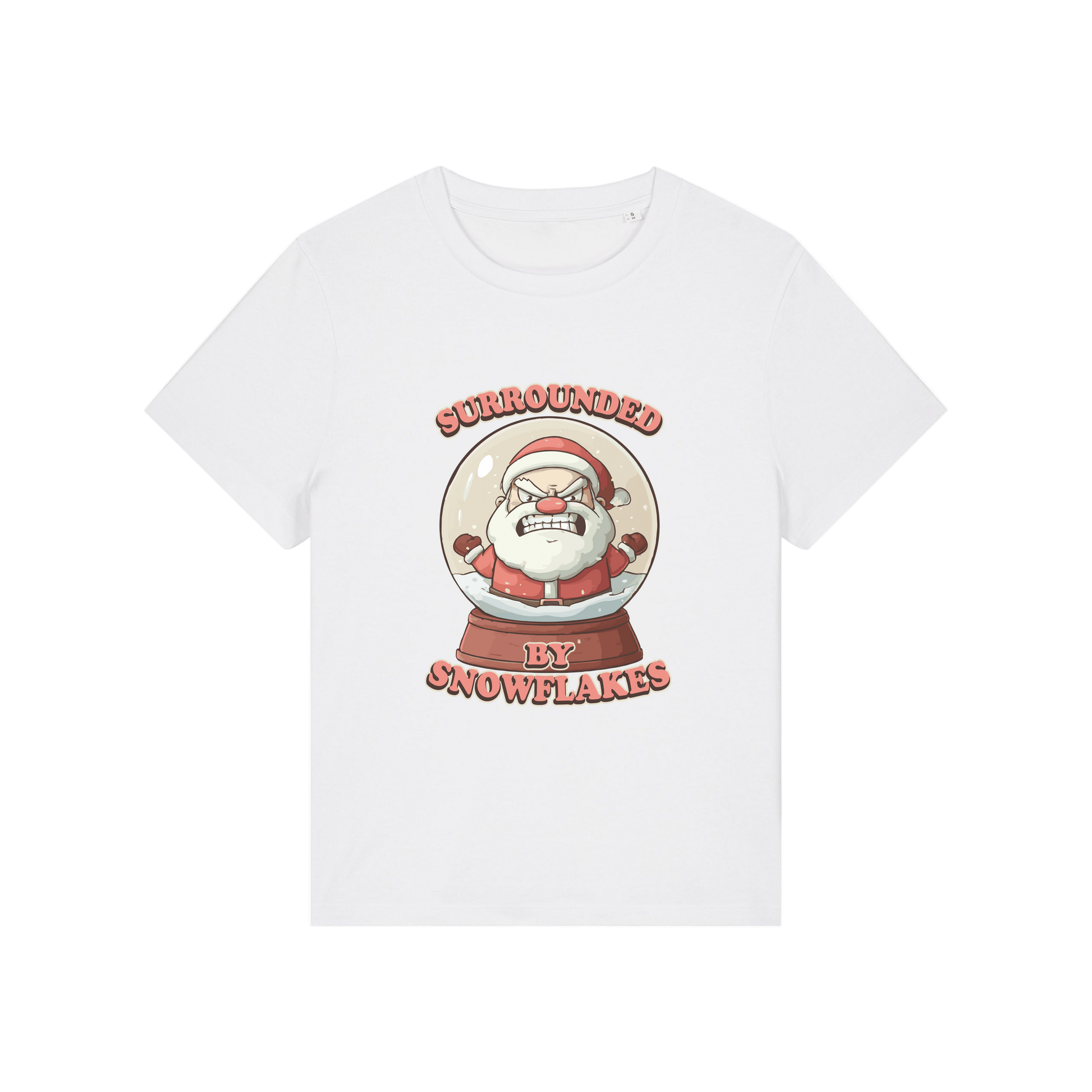 white funny christmas t-shirt with a graphic of santa in a snowglobe and the slogan 'surrounded by snowflakes'