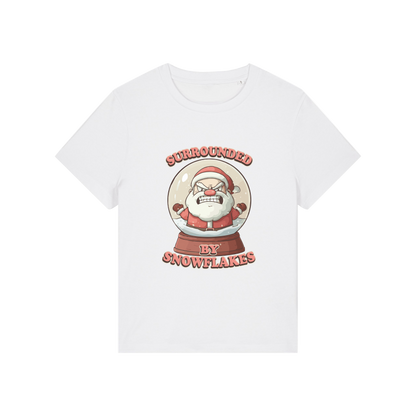 white funny christmas t-shirt with a graphic of santa in a snowglobe and the slogan 'surrounded by snowflakes'