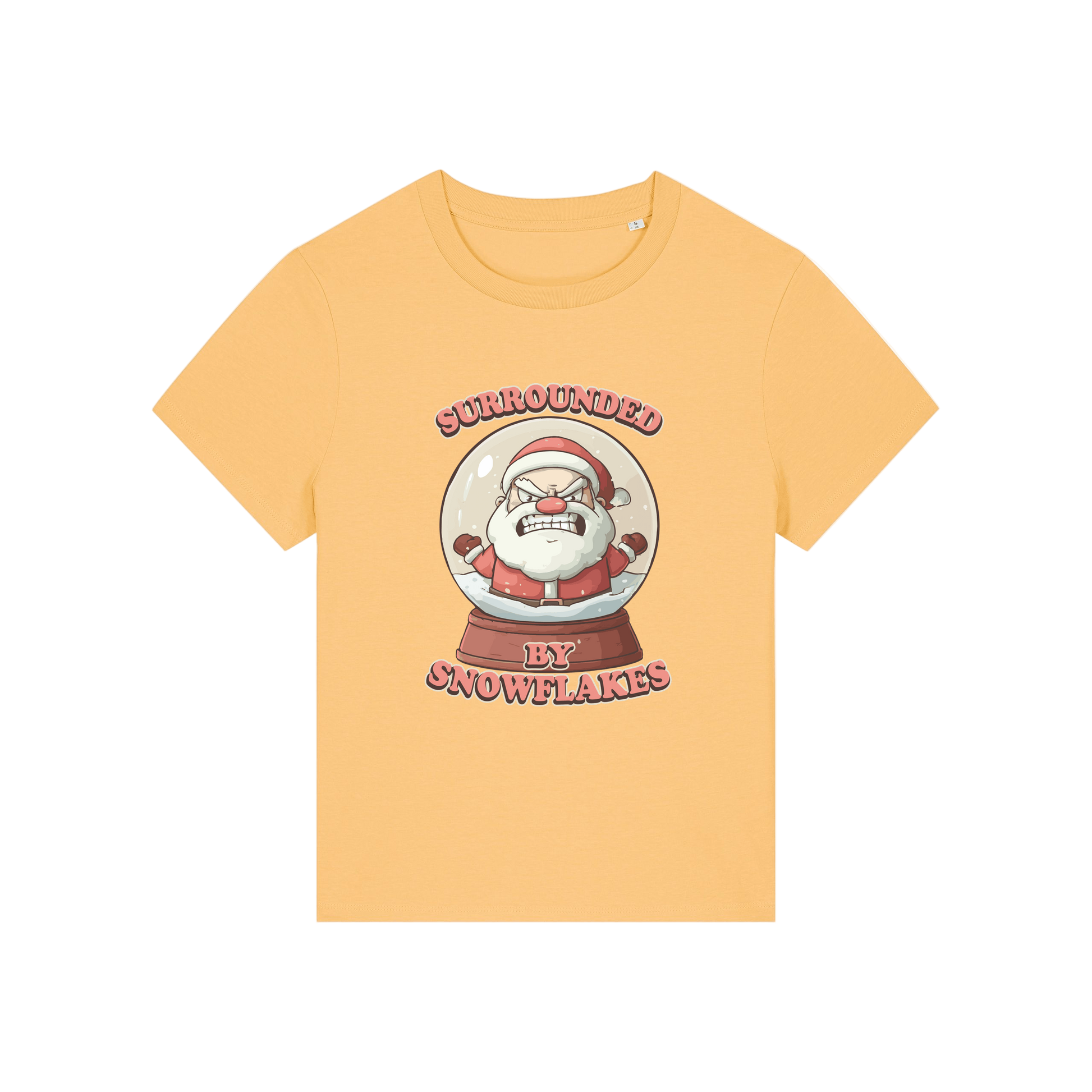 yellow funny christmas t-shirt with a graphic of santa in a snowglobe and the slogan 'surrounded by snowflakes'