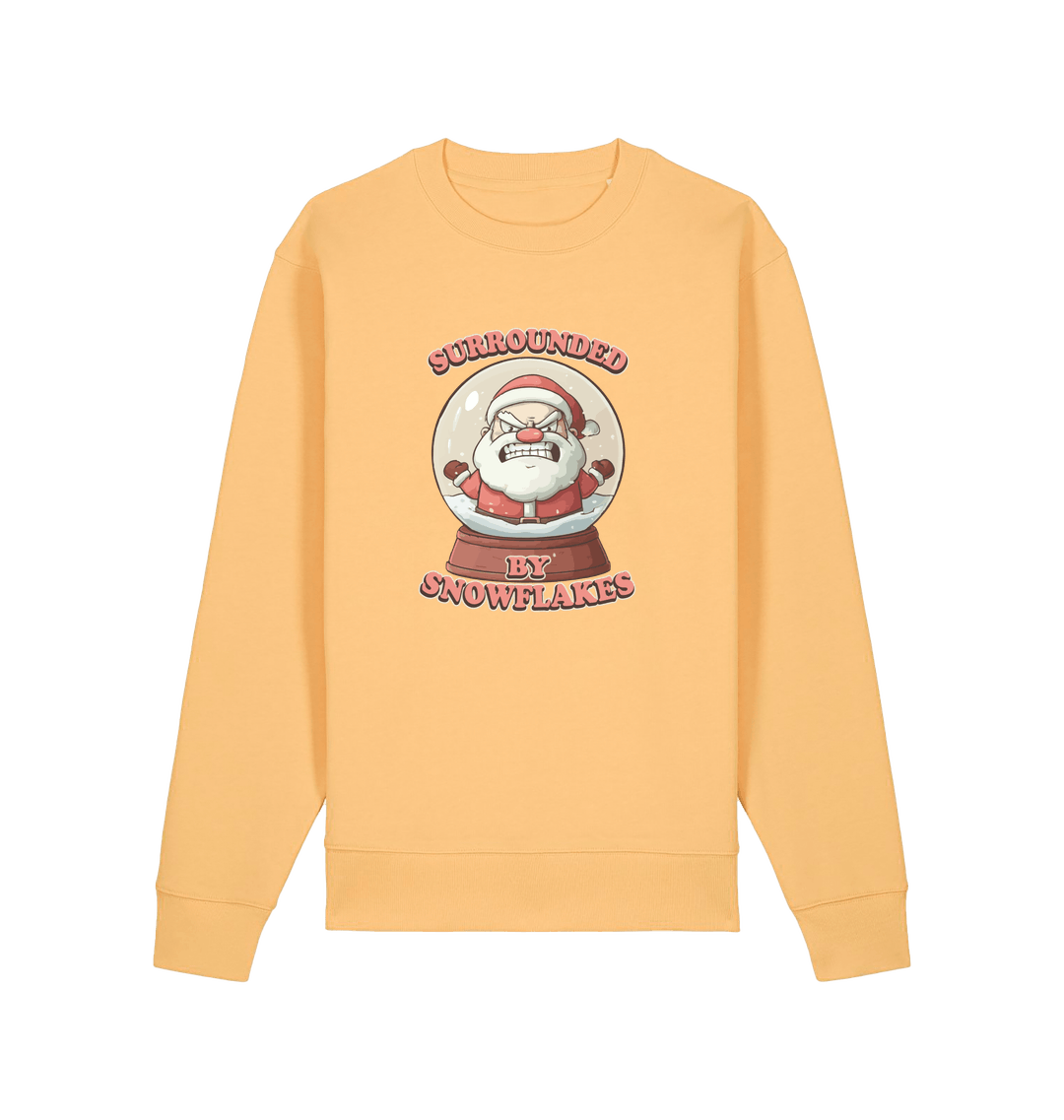 yellow christmas sweater with the graphic of santa in a snowglobe and the slogan 'surrounded by snowflakes'