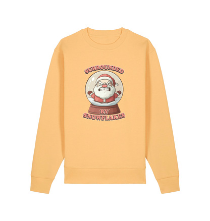 yellow christmas sweater with the graphic of santa in a snowglobe and the slogan 'surrounded by snowflakes'
