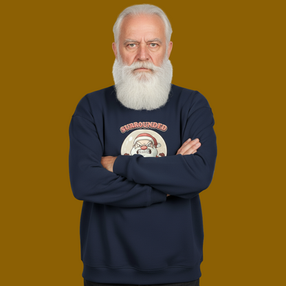 Man wearing a navy blue sweatshirt with a graphic design on a mustard yellow background