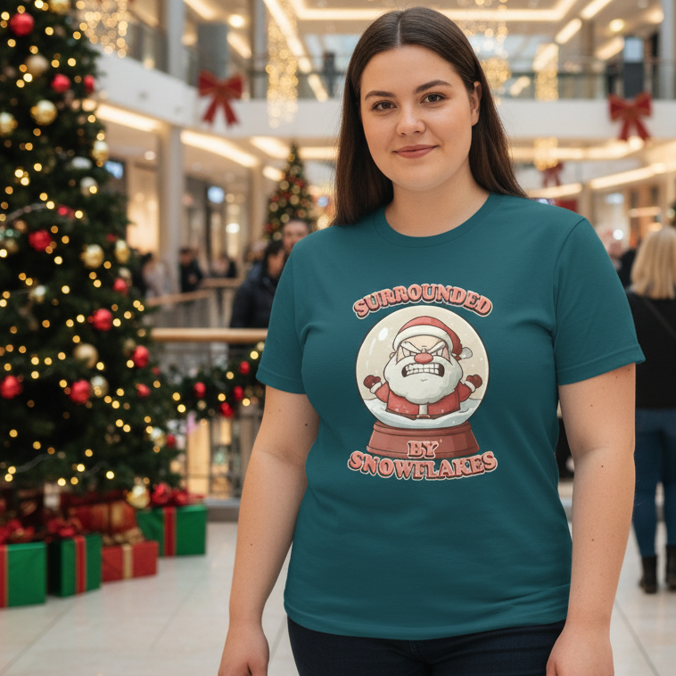 Person wearing a teal t-shirt with a Christmas-themed design in a festive indoor setting.