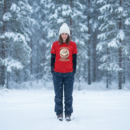 Person wearing a red sweater with a logo in a snowy forest