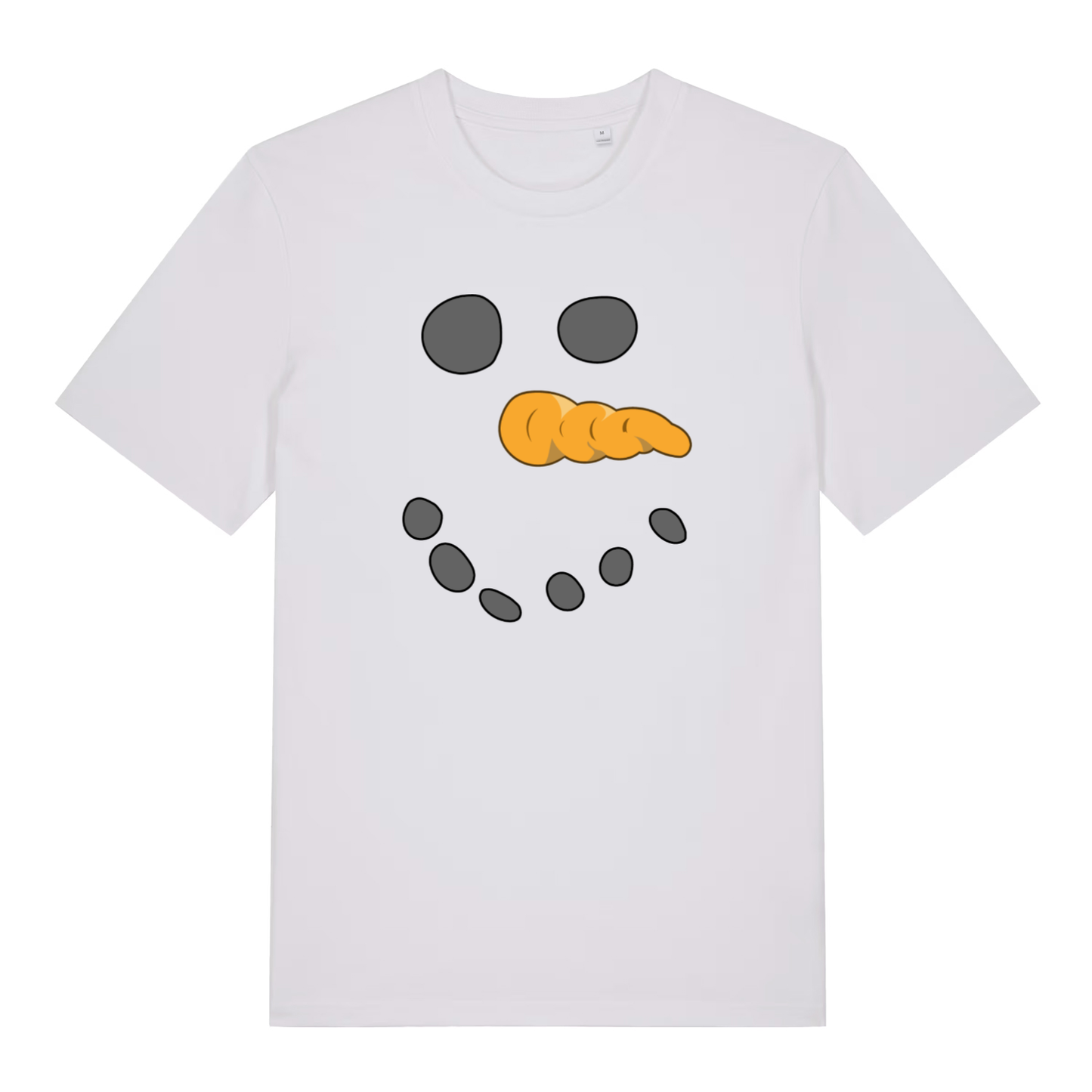 White Snowman Face funny Christmas t-shirt with minimalist carrot nose and dotted smile design  