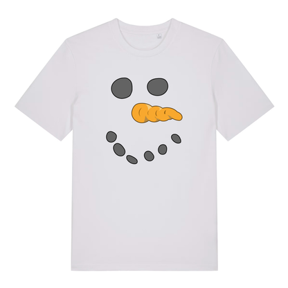 White Snowman Face funny Christmas t-shirt with minimalist carrot nose and dotted smile design  