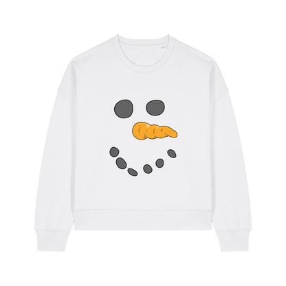 white christmas sweater with the graphic of a snowman's face