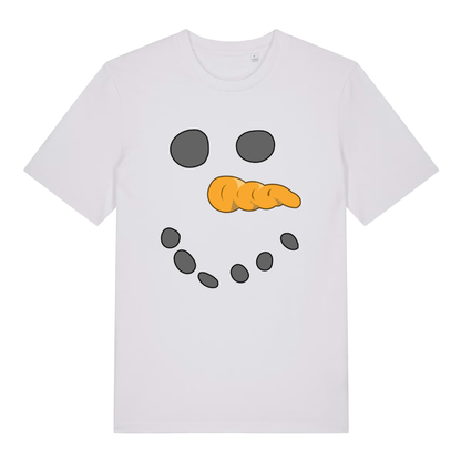 White Snowman Face funny Christmas t-shirt with minimalist carrot nose and dotted smile design  