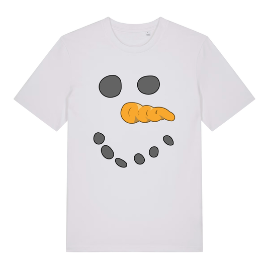 White Snowman Face funny Christmas t-shirt with minimalist carrot nose and dotted smile design  
