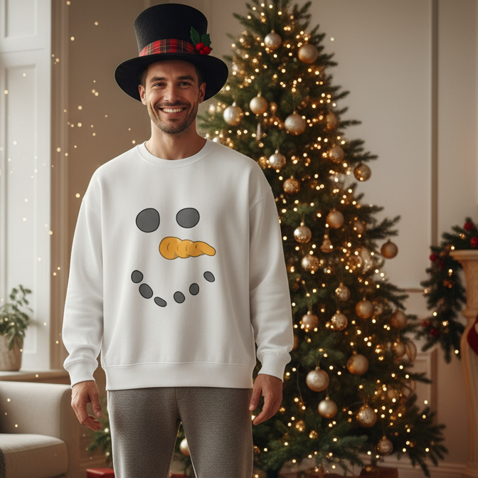 Man wearing a white sweatshirt with a snowman face design in a festive room with a Christmas tree.