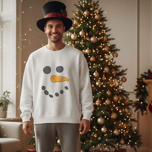 Man wearing a white sweatshirt with a snowman face design in a festive room with a Christmas tree.