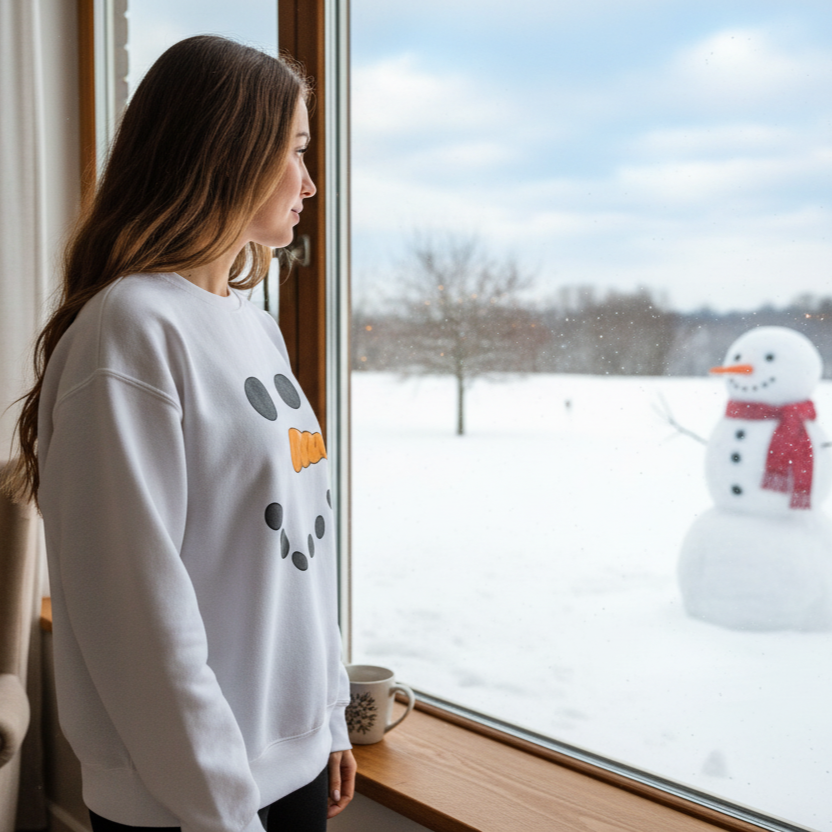 Woman wearing a snowman-themed sweatshirt looking out a window at a snow-covered landscape with a snowman outside.