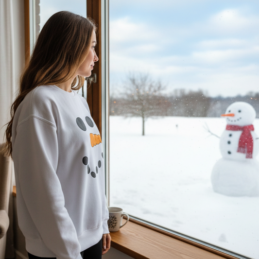 Woman wearing a snowman-themed sweatshirt looking out a window at a snow-covered landscape with a snowman outside.