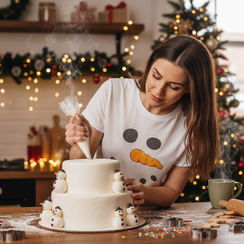 Woman decorating a cake with snowman decorations in a festive kitchen setting.