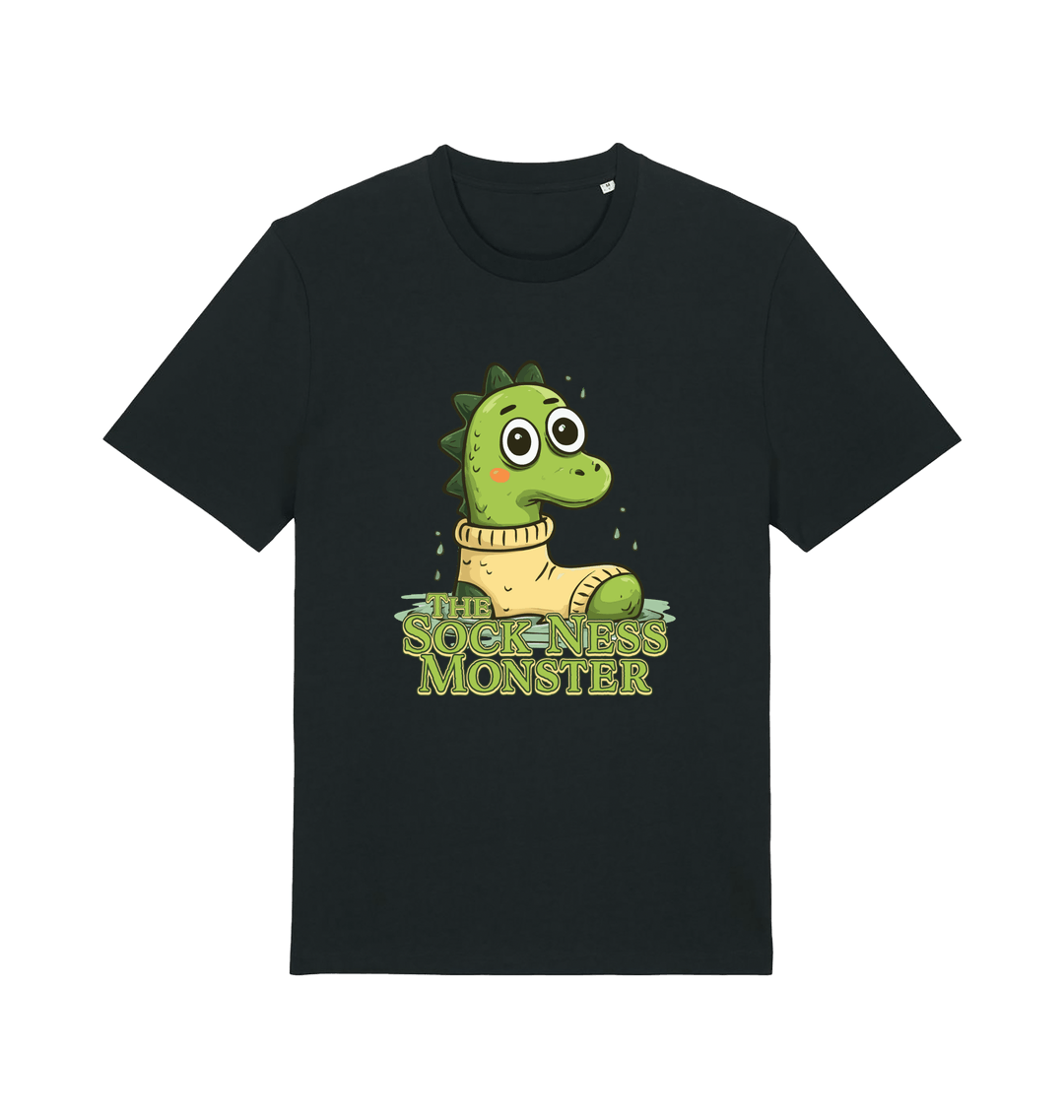 black animal t-shirt with the graphic of nessie in a sock and the slogan 'the sock ness monster'