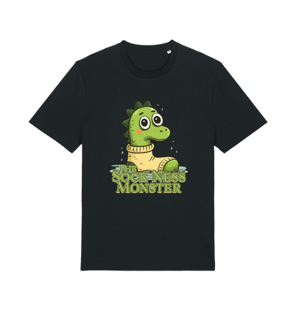 black animal t-shirt with the graphic of nessie in a sock and the slogan 'the sock ness monster'