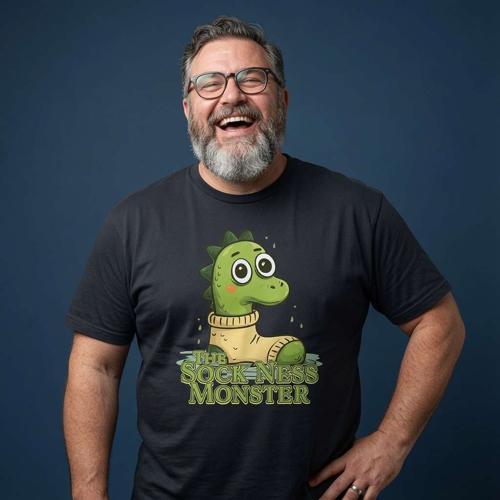 Bearded man with glasses laughing with one hand on his hip in a black The Sock Ness Monster t-shirt, funny mens Scottish legend graphic full of pure attitude